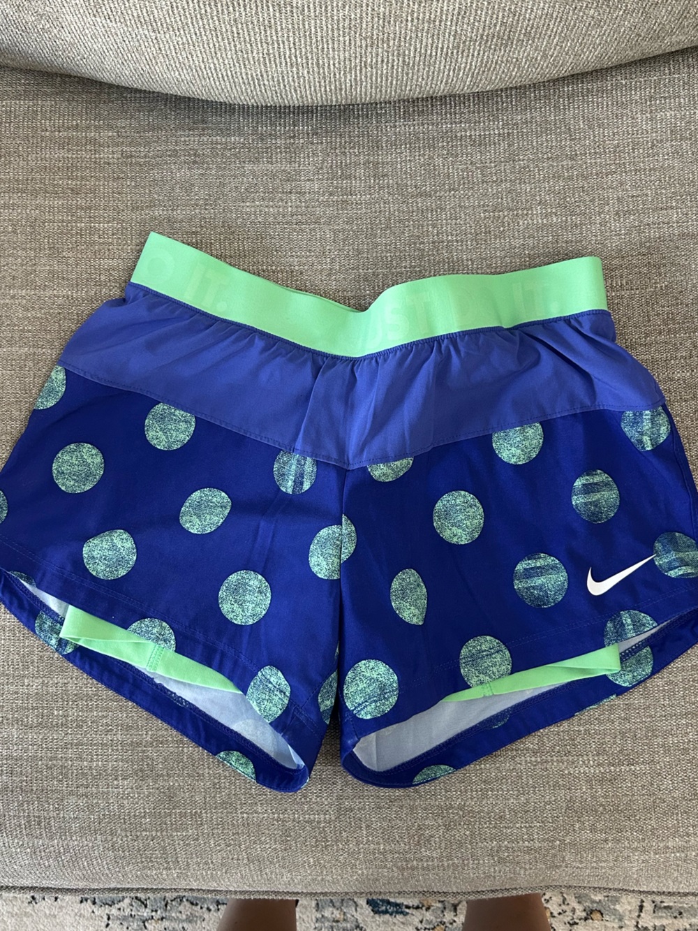 Nike Royal Blue Shorts with Mint Green Polka Dots and Lime Waistband